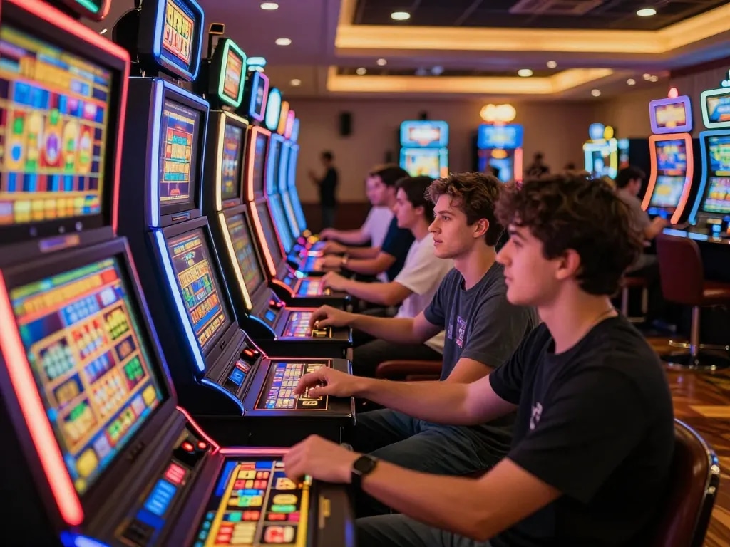 Engaging moment of a player at colorful slot machines using slot bet 200 for a thrilling gambling experience.