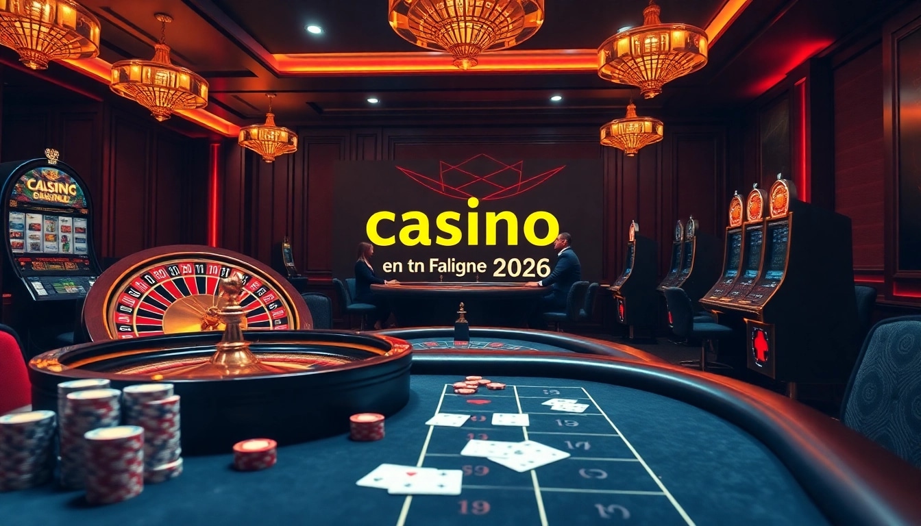 L'ambiance énergique du casino en ligne Français 2026 mettant en avant des tables de poker et des roues de roulette.