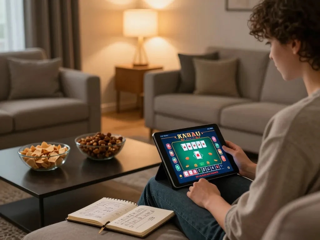 Playing online casinos in Canada reddit on a tablet in a warm and cozy living room.