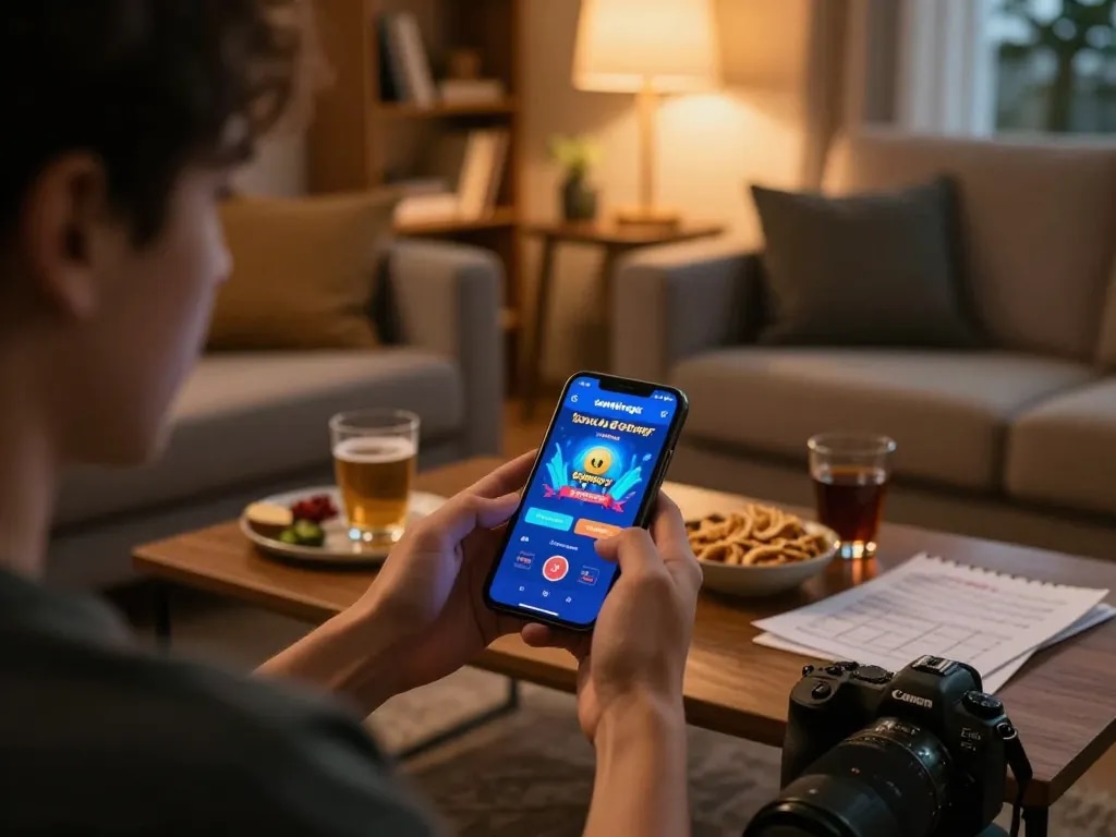 Engaged player using the sunwinapk app on smartphone in a cozy home setting