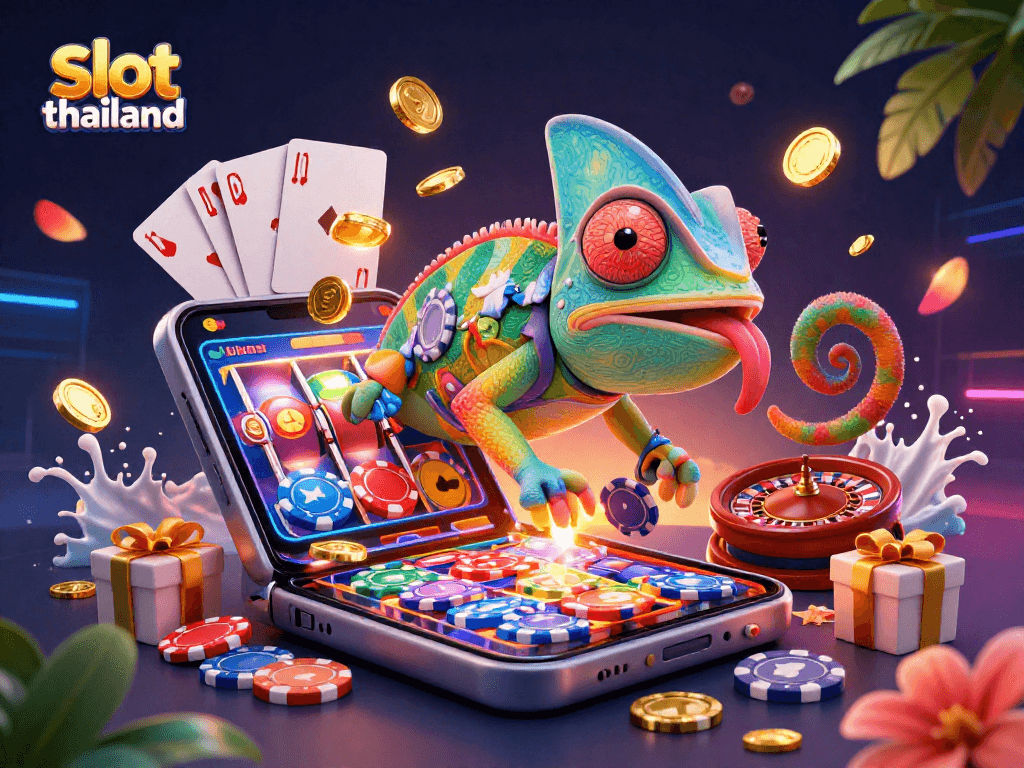 Experience the thrill of gaming with slot thailand, featuring vibrant chameleon casino character amidst rich slot game visuals.