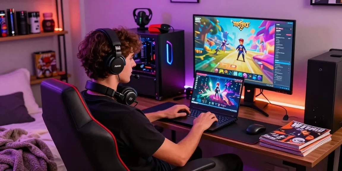 Immersive gaming setup featuring a player engaged in HTML porn games with colorful LED lights and high-quality visuals.