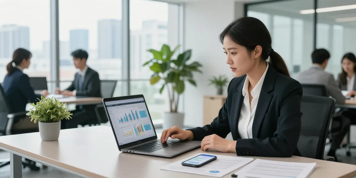 Focused professional analyzing financial data for 소액결제현금화 in modern office setting.