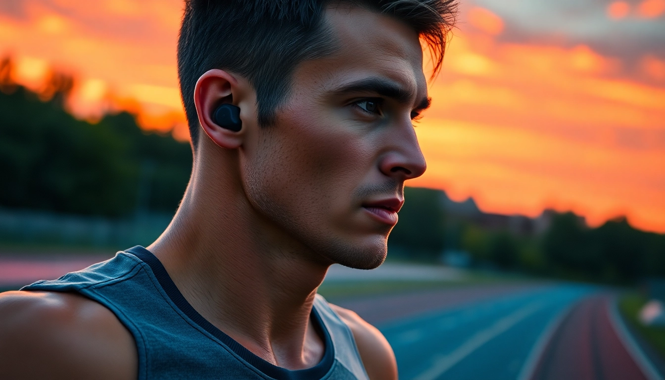 Engaged athlete training with F1 Bone Conduction Headphones at sunset, displaying focus and energy.