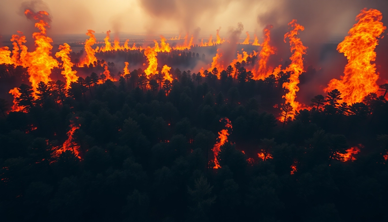 Wildfire events intensifying in a forest with flames and thick smoke.