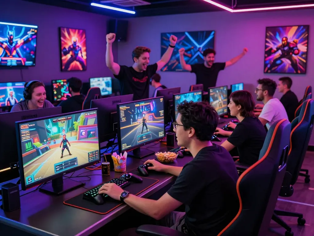 Real porn game players enjoying immersive gaming experience in a neon-lit lounge.