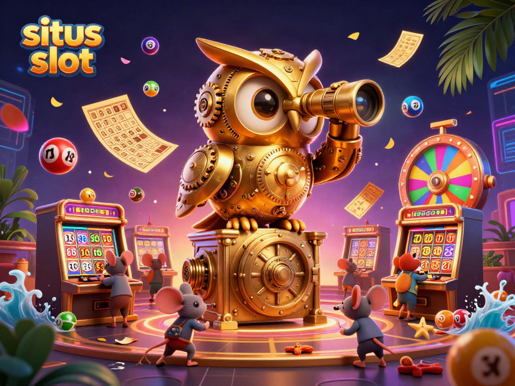 Menghadirkan suasana situs slot dengan burung hantu emas yang canggih mengawasi mesin slot di kasino
