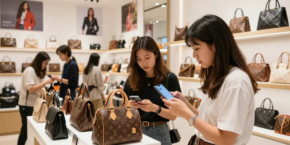High-end shopping experience at a 레플리카 사이트 showcasing luxury products and a satisfied customer.