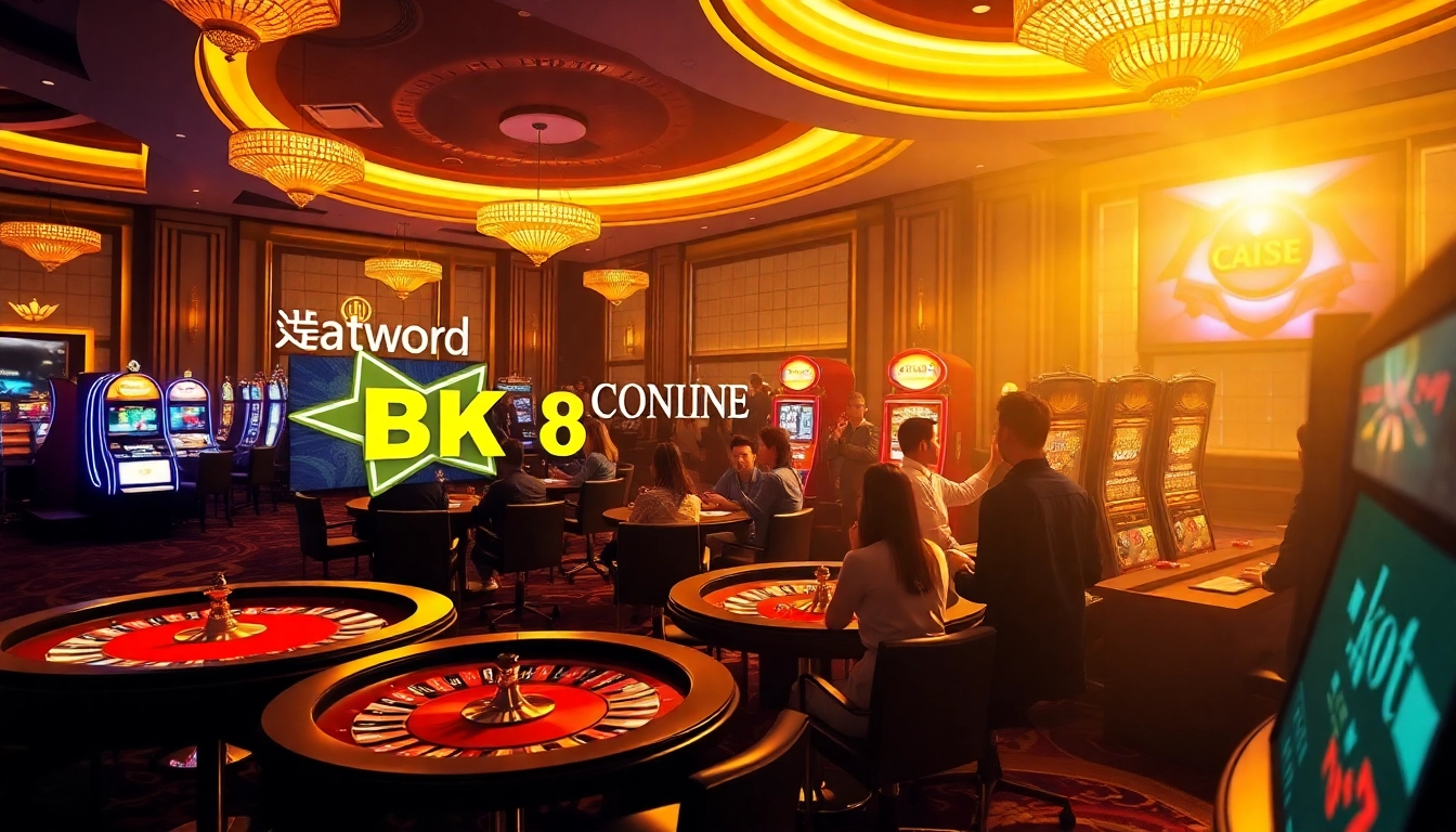 Experience thrilling gameplay at BK8 เว็บตรง with luxurious casino gaming tables and vibrant slot machines.