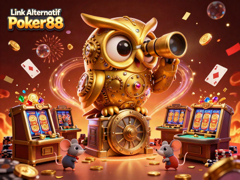 Engage with Link Alternatif Poker88 through a vibrant, 3D casino illustration showcasing a golden owl amidst dynamic gaming elements.