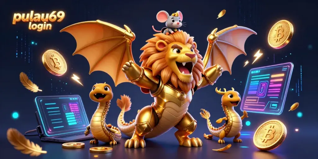 Experience the pulau69 login excitement with a vibrant casino-themed illustration featuring an armored chimera and crypto elements.