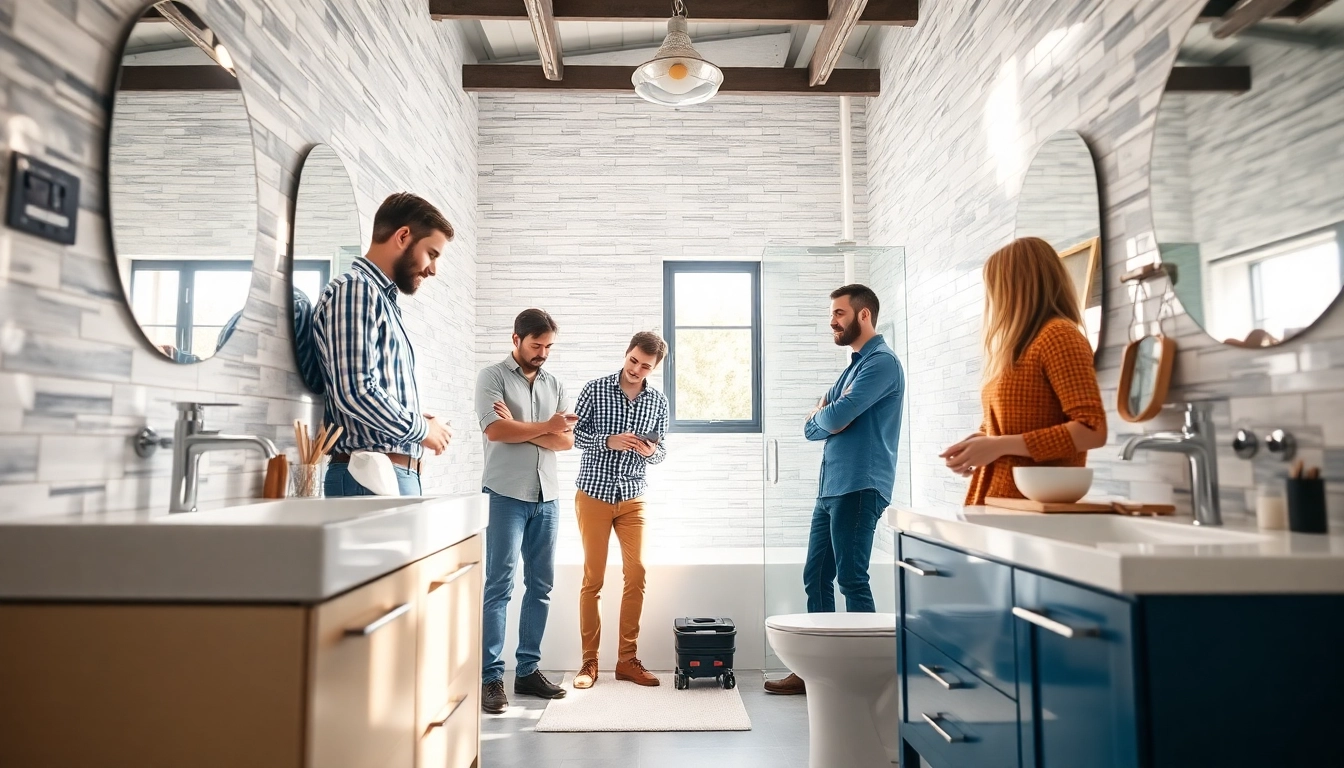 Bathroom builders working on a modern bathroom renovation showcasing stylish designs and elegant fixtures.
