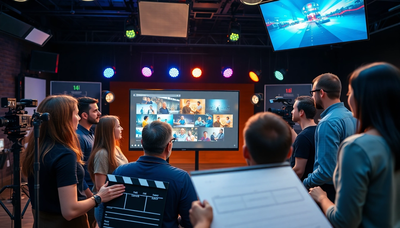 Video production edmonton team collaborating in a vibrant studio environment.
