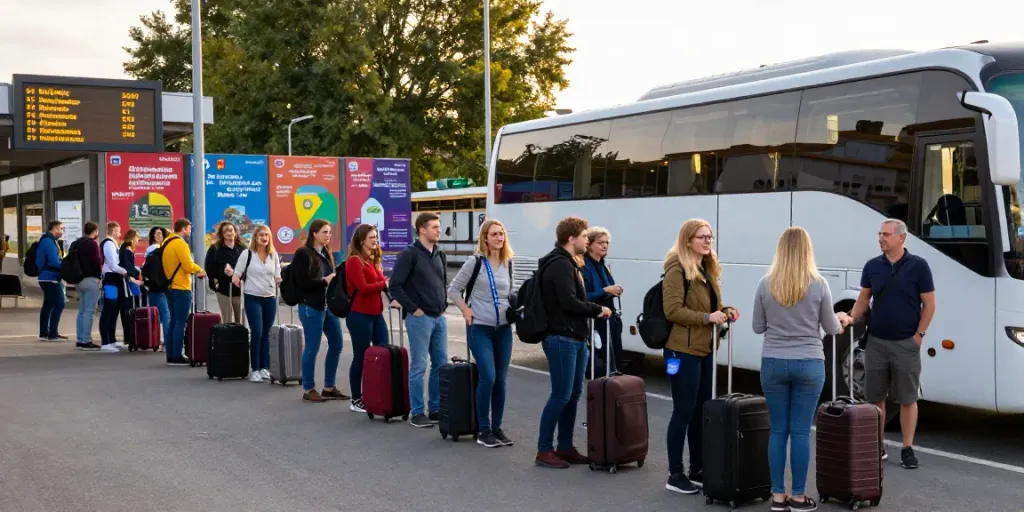 Curse regulate cu autocarul în Europa la o gară aglomerată, pasageri așteptând la autobuz.