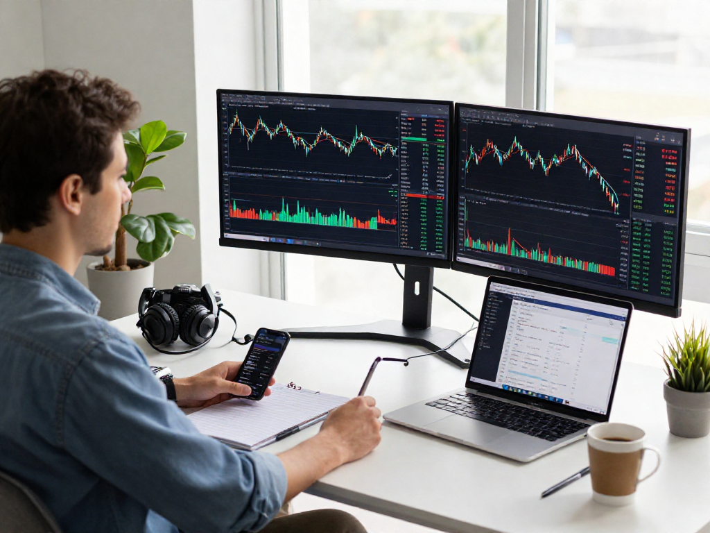 TradingView analysis scene featuring a trader at a modern workspace with multiple screens showing charts and market data