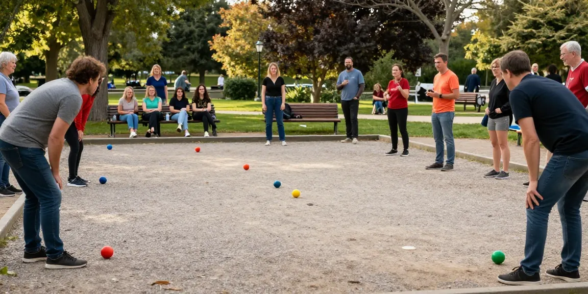 Permainan petanque yang diadakan di taman oleh fopikotabanjarba.org dengan suasana ceria dan interaksi komunitas.
