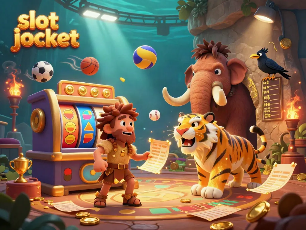 Experience thrilling gameplay with slot jackpot at this vibrant prehistoric casino depicting colorful characters and dynamic game elements.