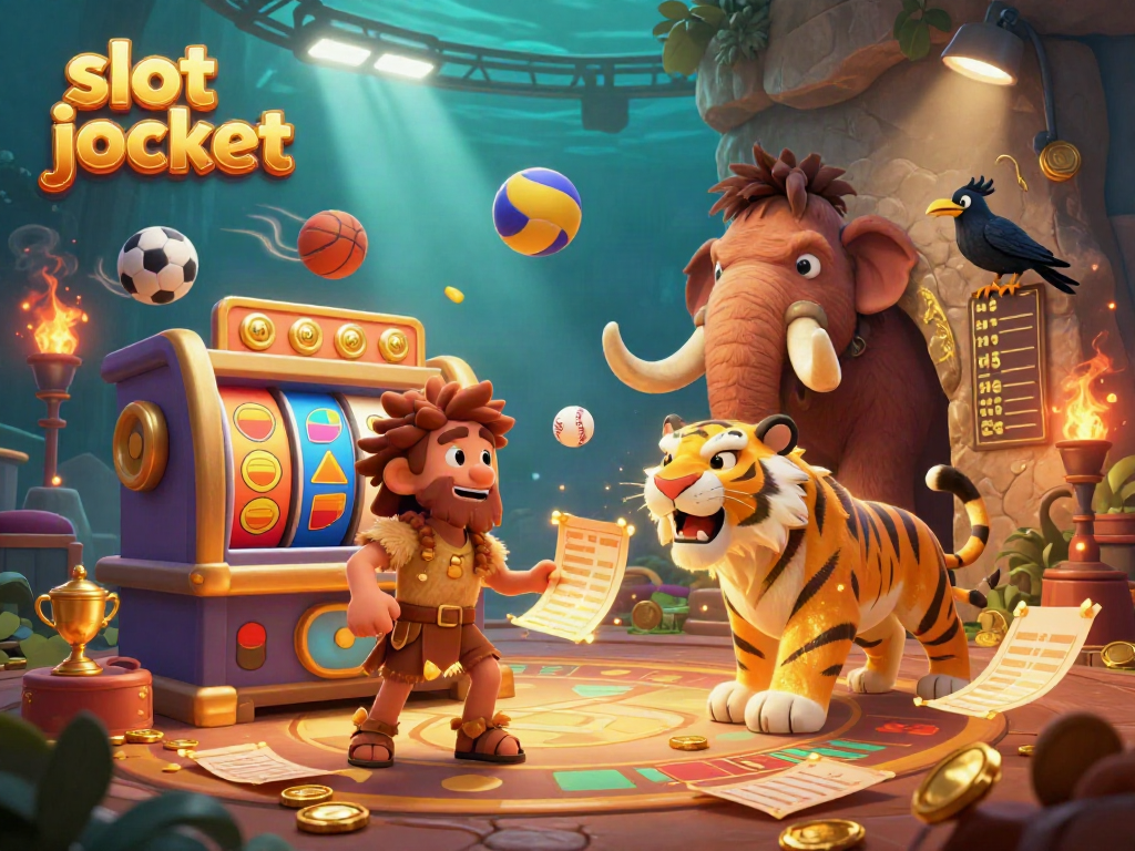 Experience thrilling gameplay with slot jackpot at this vibrant prehistoric casino depicting colorful characters and dynamic game elements.