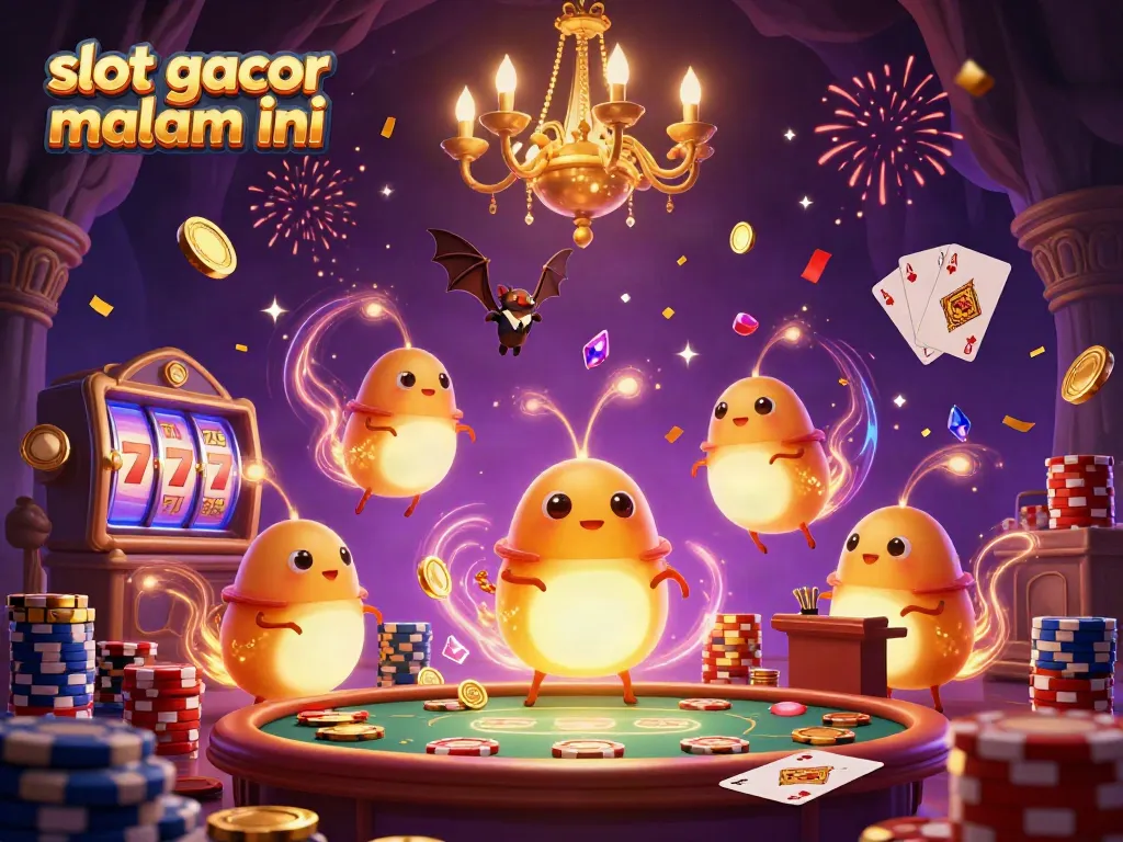 Permainan slot gacor malam ini ditampilkan dengan efek petasan dan koin berkilau.
