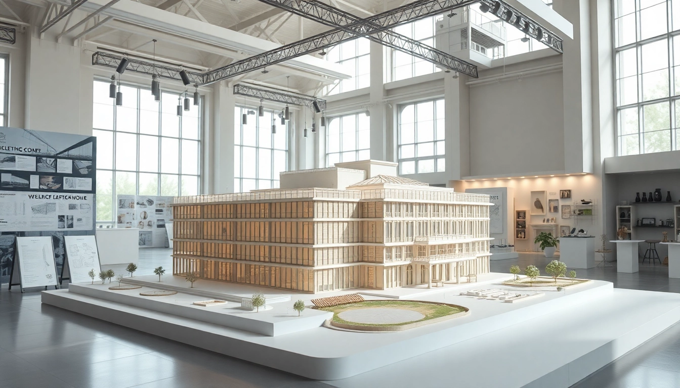 Messemodell in einer lebendigen Ausstellung, umgeben von architektonischem Zubehör.
