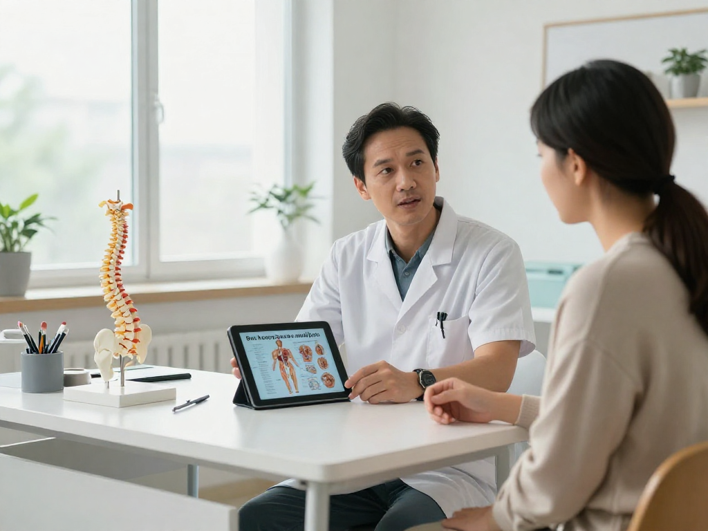 Patient consulting about Bel kayması ameliyatı with a surgeon in a modern clinic.