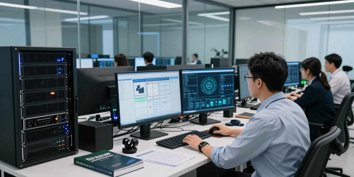 Cybersecurity inspection at https://shs-dome5.com/ data center with IT technician monitoring systems.