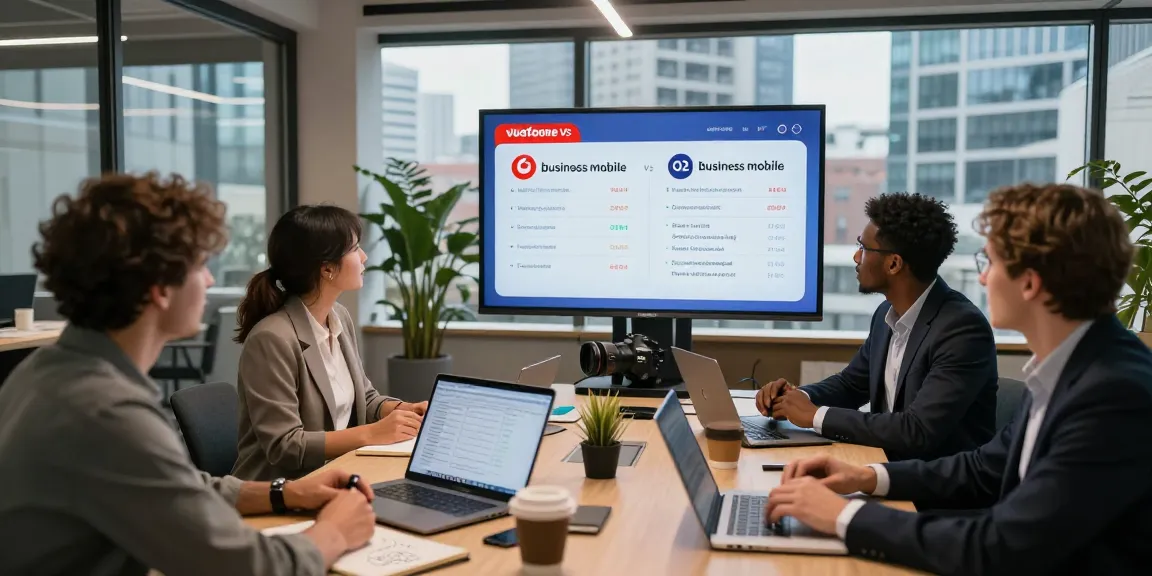 Comparing Vodafone vs O2 business mobile features in a corporate team meeting.