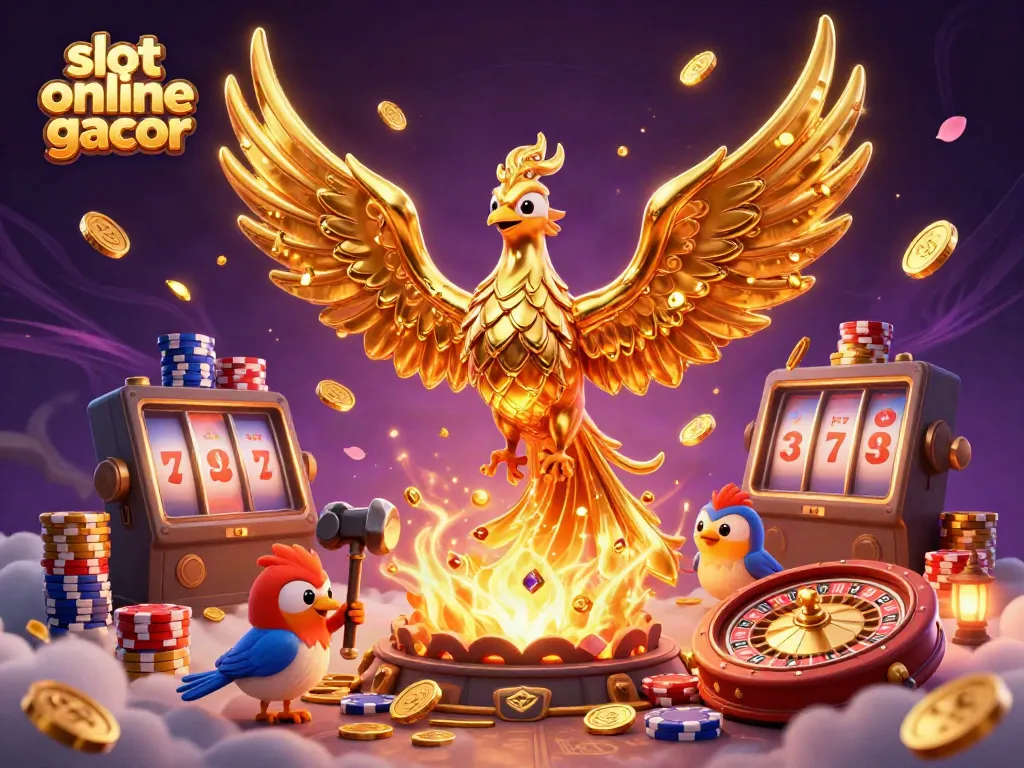 Unleash luck with slot online gacor as a phoenix of gold rises amidst a magical casino scene.