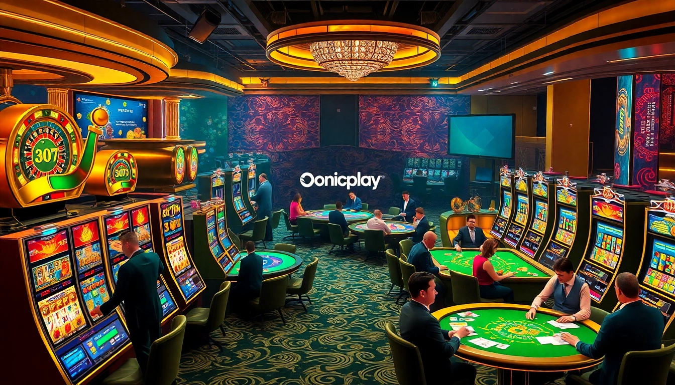 Engaged players enjoying the dynamic atmosphere of an onicplay casino with vibrant slots and roulette tables.