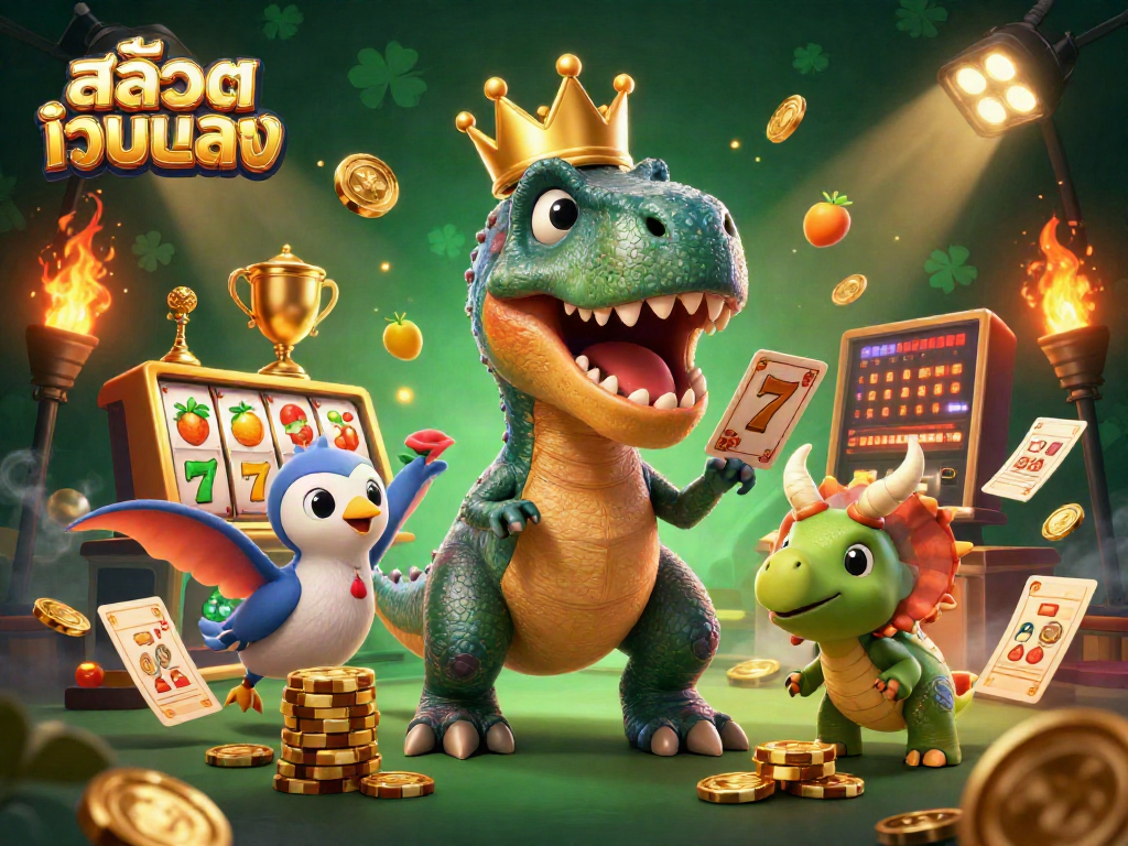 Engaging scene of สล็อตเว็บตรง with a friendly T-Rex shuffling cards and a pterodactyl assistant holding betting slips.