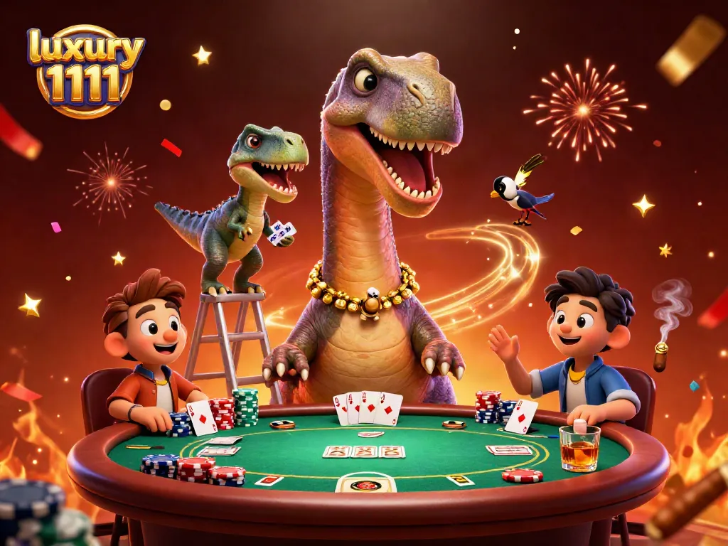 Permainan poker di kasino luxury 1111 dengan dinosaurus dan raptor yang menghibur.