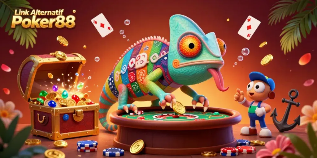 Engage with the vibrant scene of Link Alternatif Poker88 featuring a chameleon casino owner and dynamic poker elements.