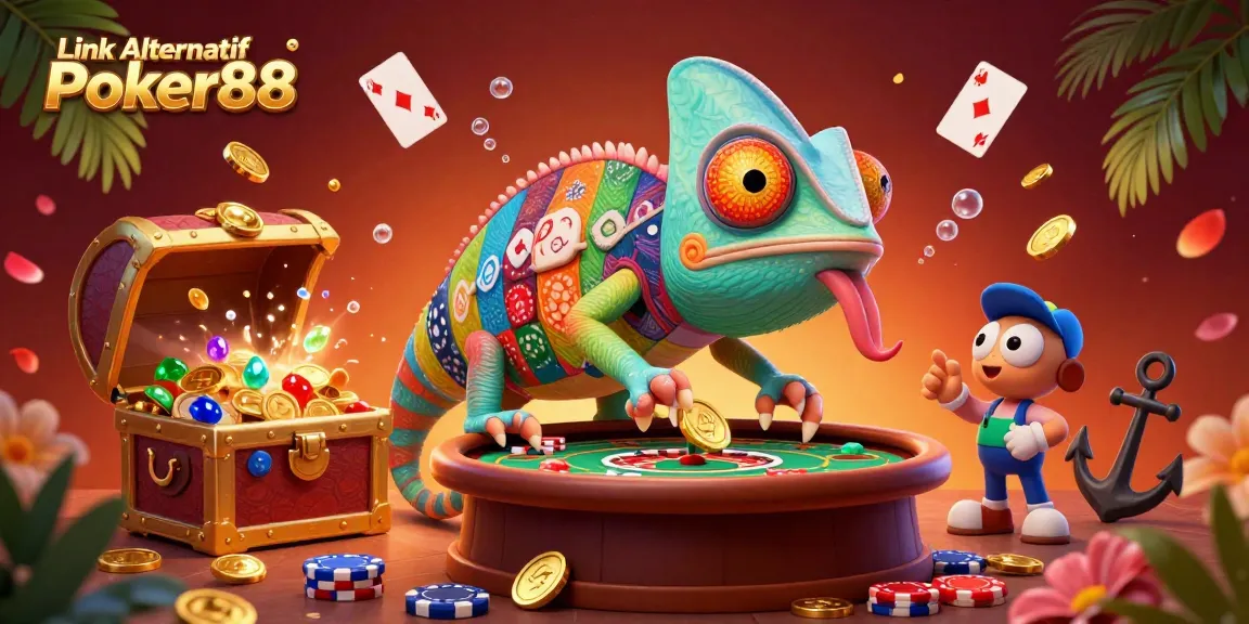 Engage with the vibrant scene of Link Alternatif Poker88 featuring a chameleon casino owner and dynamic poker elements.