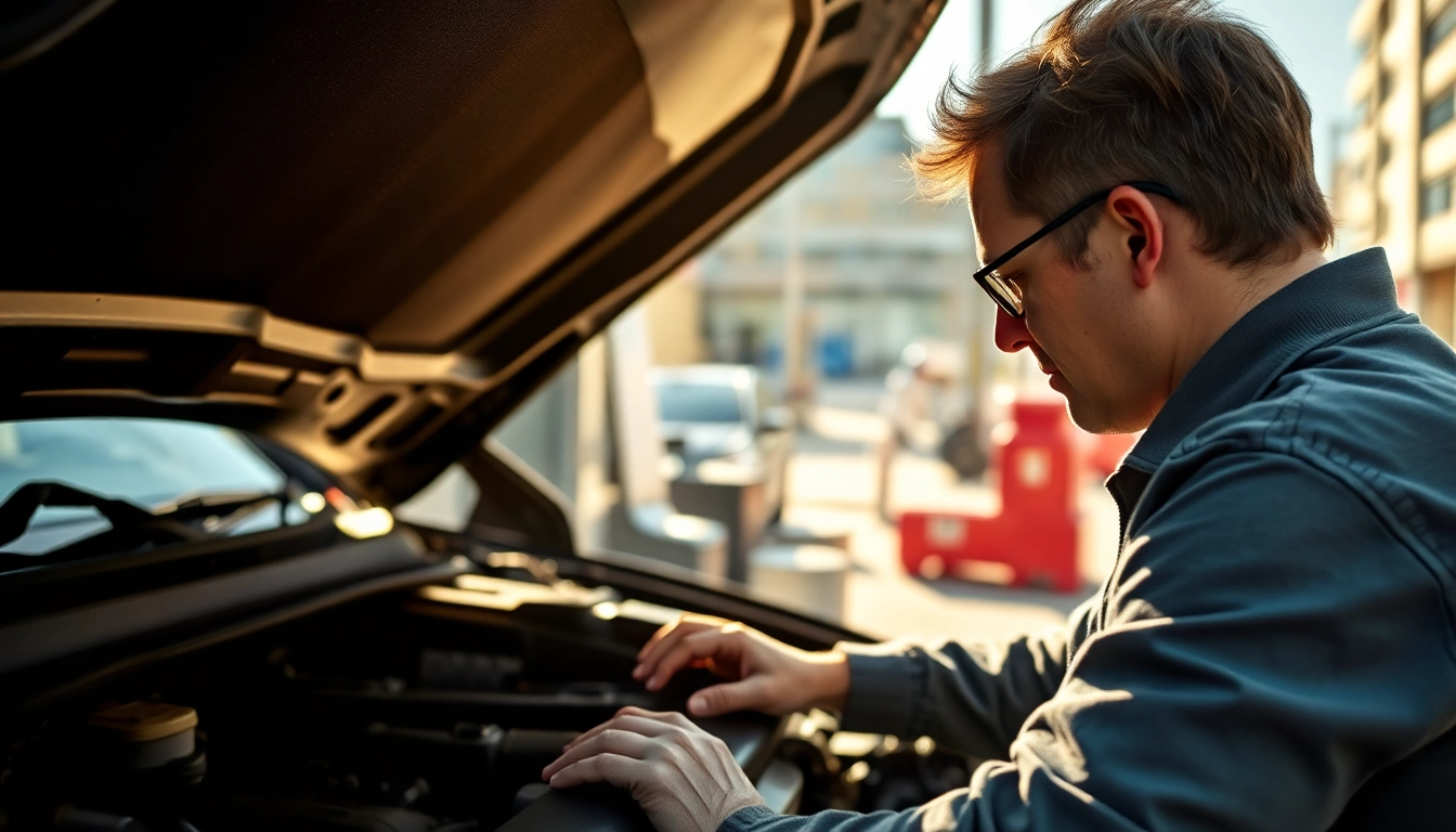 Mobile car repair technician inspecting an engine in an urban environment.