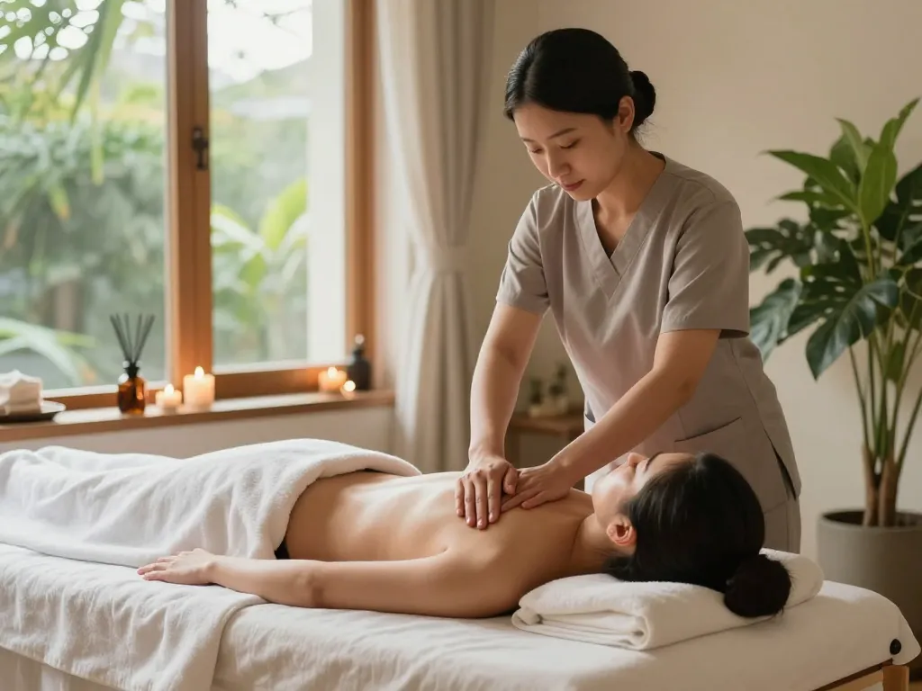 Relaxing 스웨디시 massage being performed in a tranquil spa environment