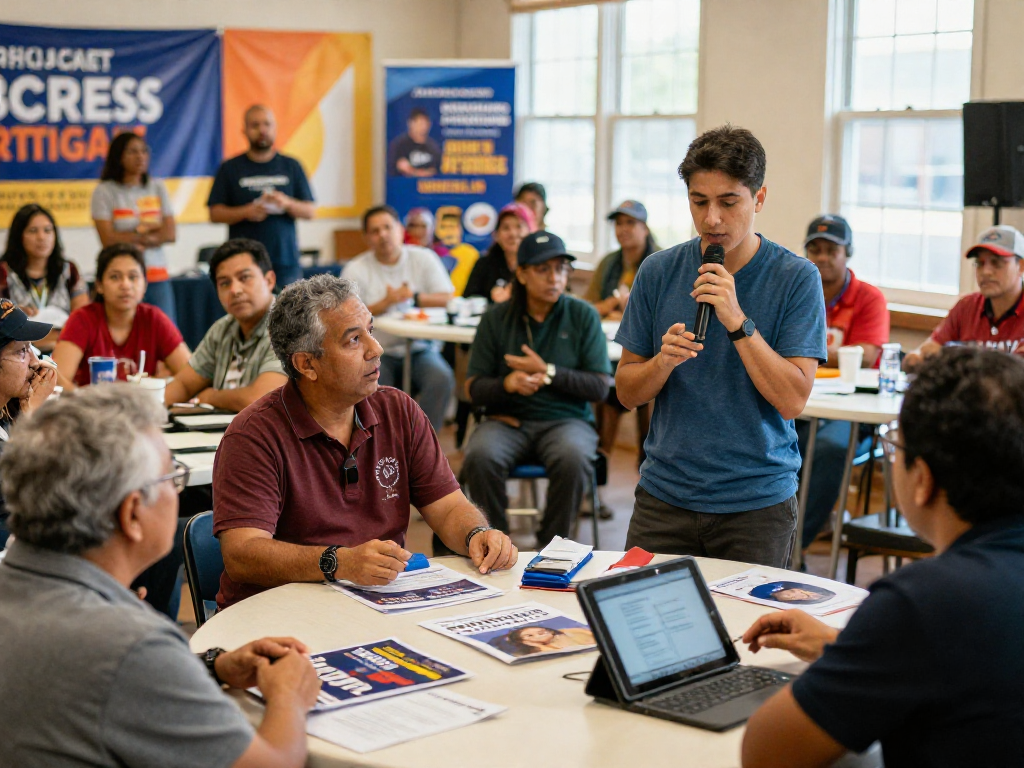 Engaged voters discussing political social media advertising strategies at a town hall meeting.