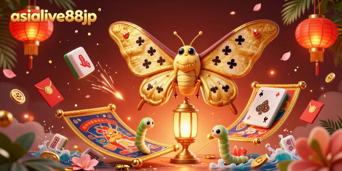 Engage with asialive88jp through vibrant casino-themed 3D art showcasing enchanting moth and elements.