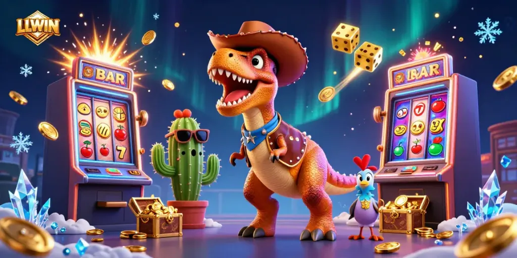 Experience thrilling wins at LLWIN with a vibrant casino scene featuring cartoon characters and slot machines.