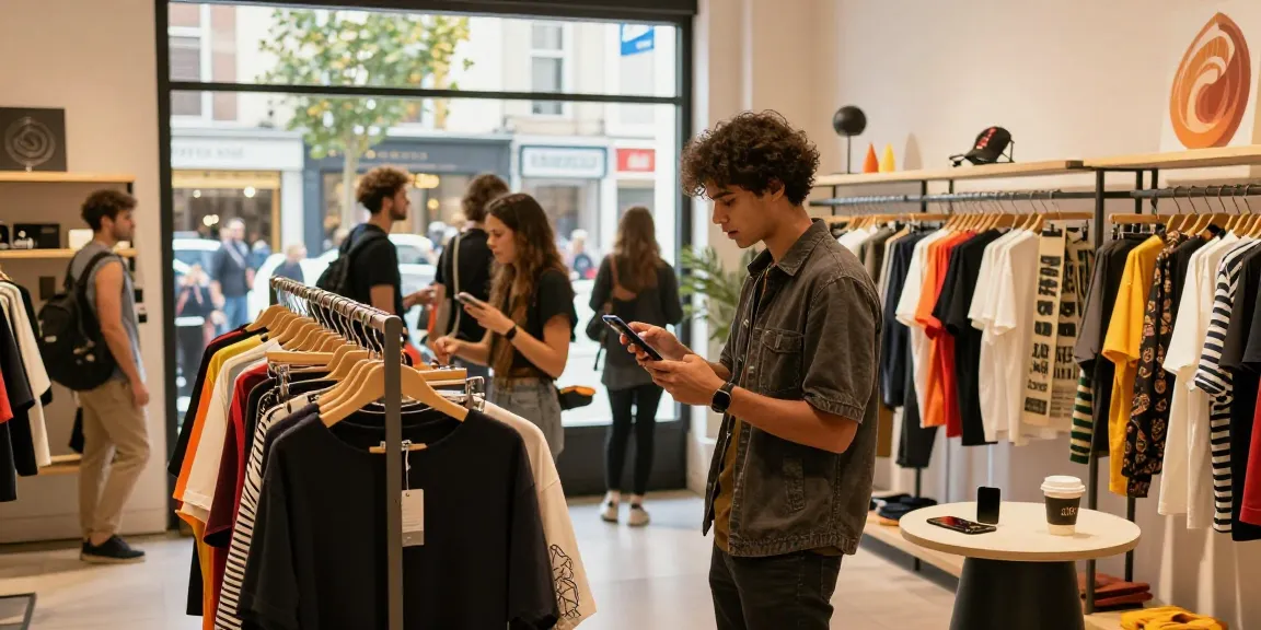 Shopping experience in a trendy retail store on https://forumup.org/shop/search.php?ca_id=&addr1=&addr2=&addr3=&schKeyword= with vibrant decor and stylish clothing.