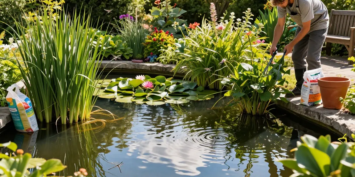 Marginal Pond Plants flourishing in a serene garden pond during daylight.