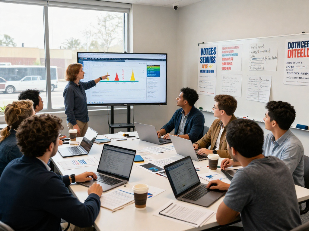 Team strategizing political influencer marketing tactics in a vibrant campaign office setting.