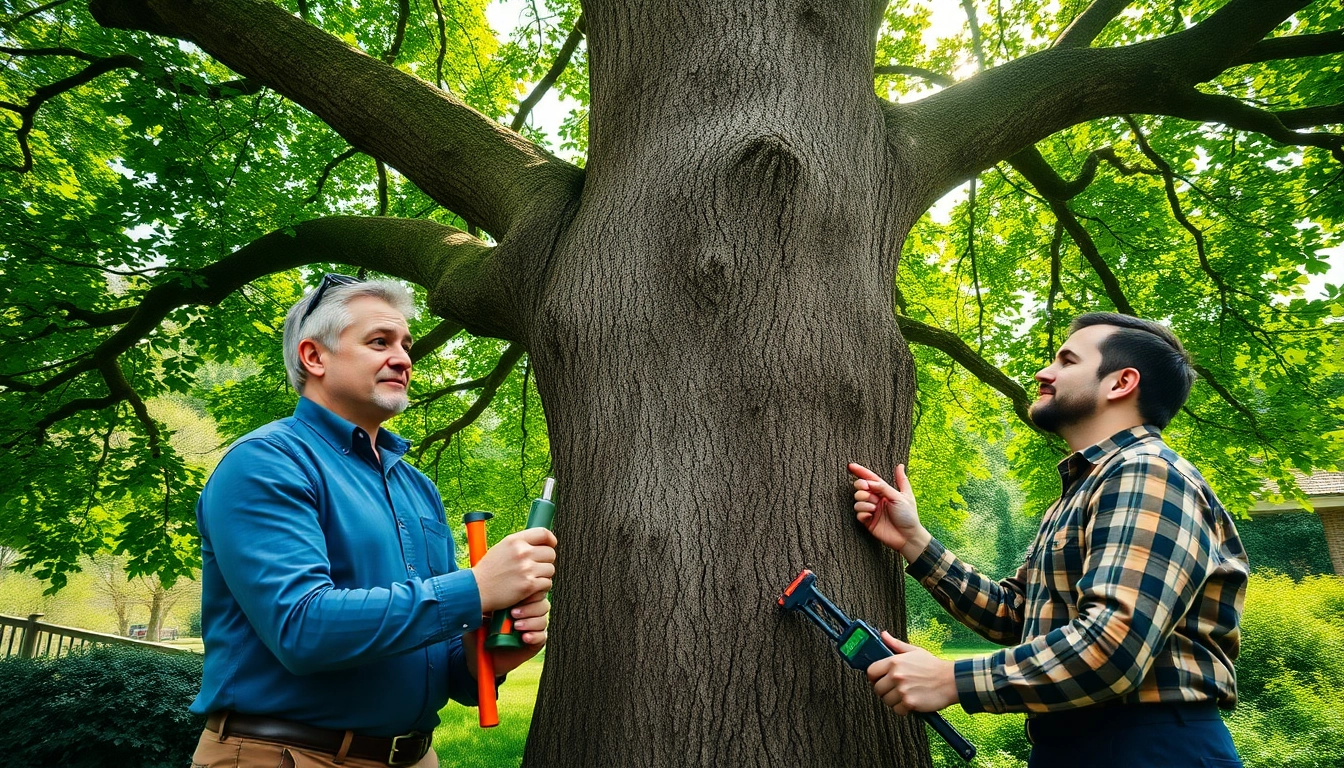 Tree Consultancy professionals assessing a healthy oak tree in a vibrant park setting.
