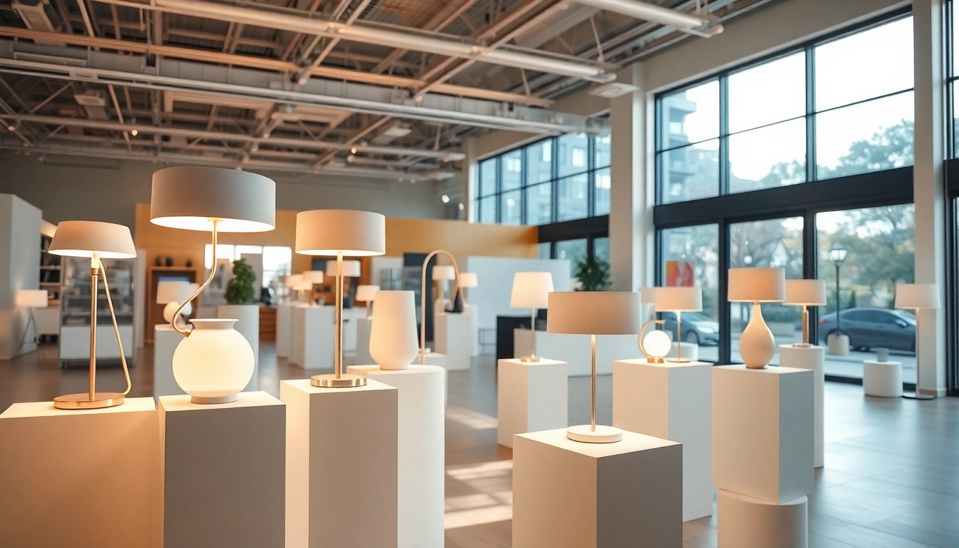 Showcase ELC Lamps Online with diverse models in a modern showroom environment.