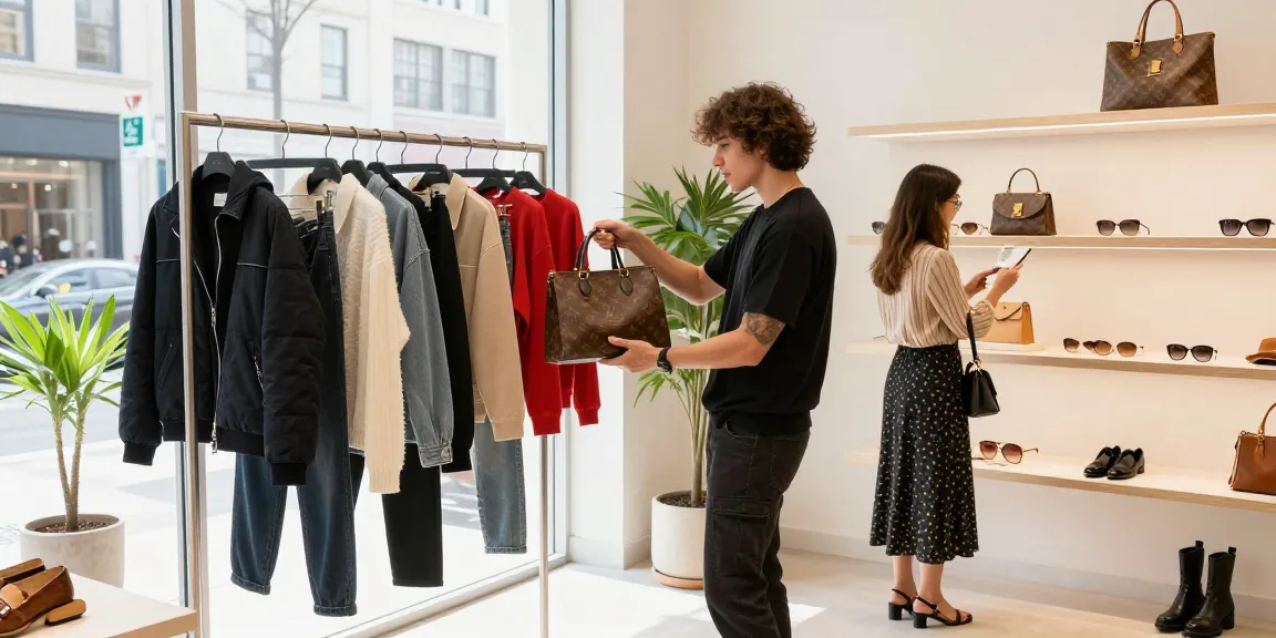 Elegant person examining 레플리카 fashion pieces in a chic boutique, highlighting luxury and style.