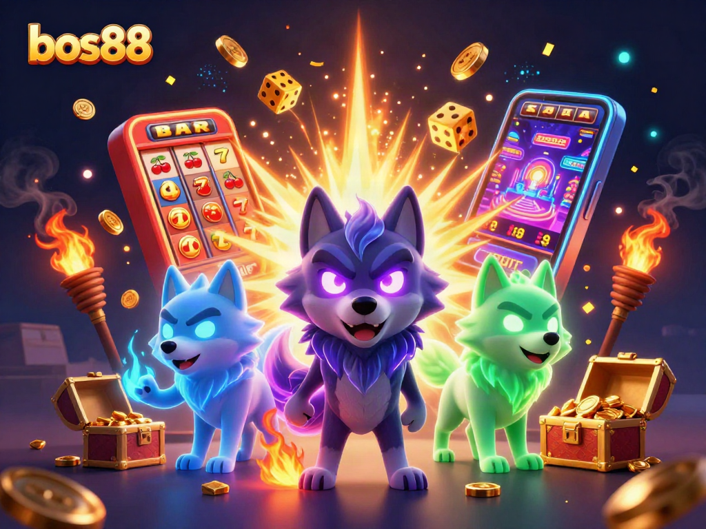 Menangkan jackpot besar di bos88 dengan ilustrasi slot menarik dan karakter serigala mistis.