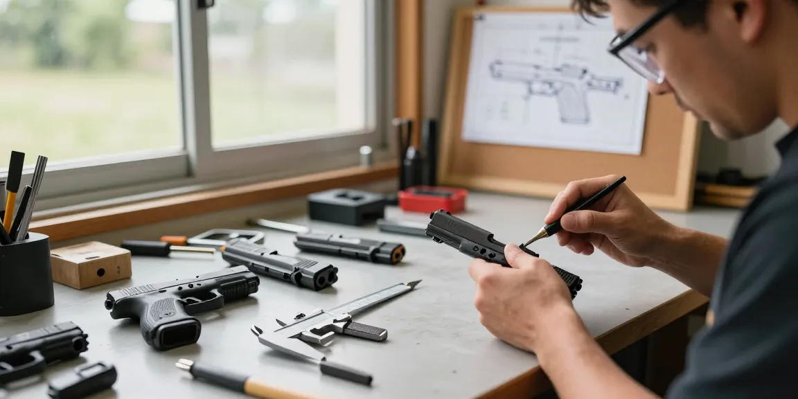 Glock customization process at https://precisionglockslides.com showcasing a skilled gunsmith enhancing performance with precision tools.