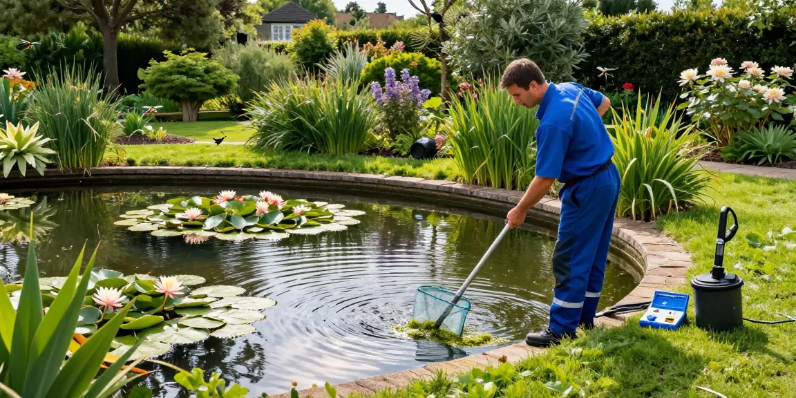 Pond cleaning Kent by a technician, showcasing lush greenery, and serene water lilies.