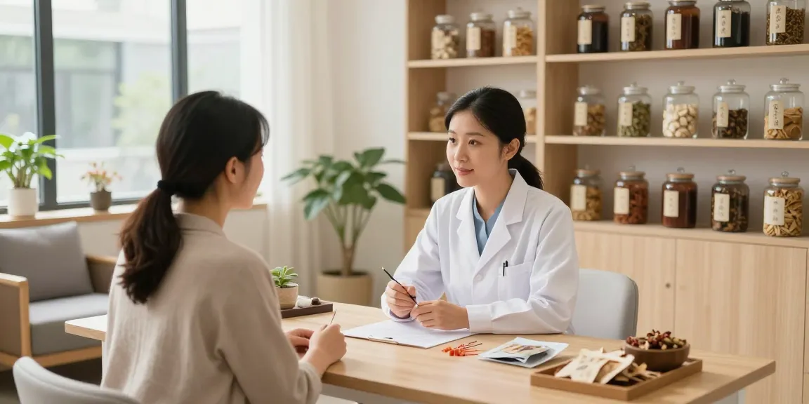 Consultation at 영통한의원 with an acupuncturist providing personalized treatment advice in a serene clinic environment.