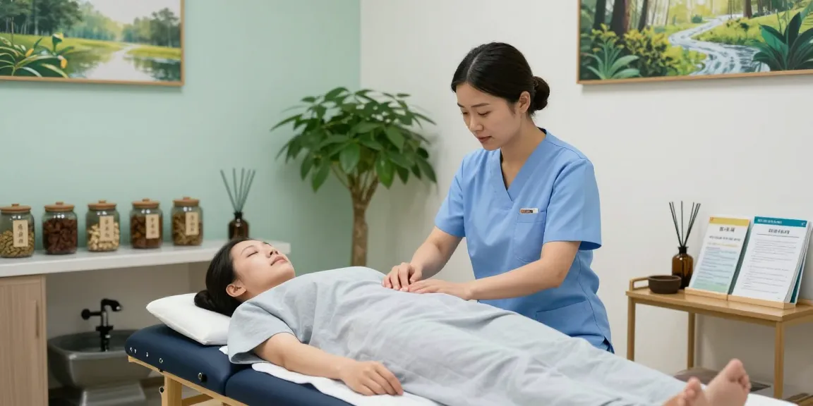 Healing scene at 수원한의원 with acupuncture treatment and calming clinic ambiance.
