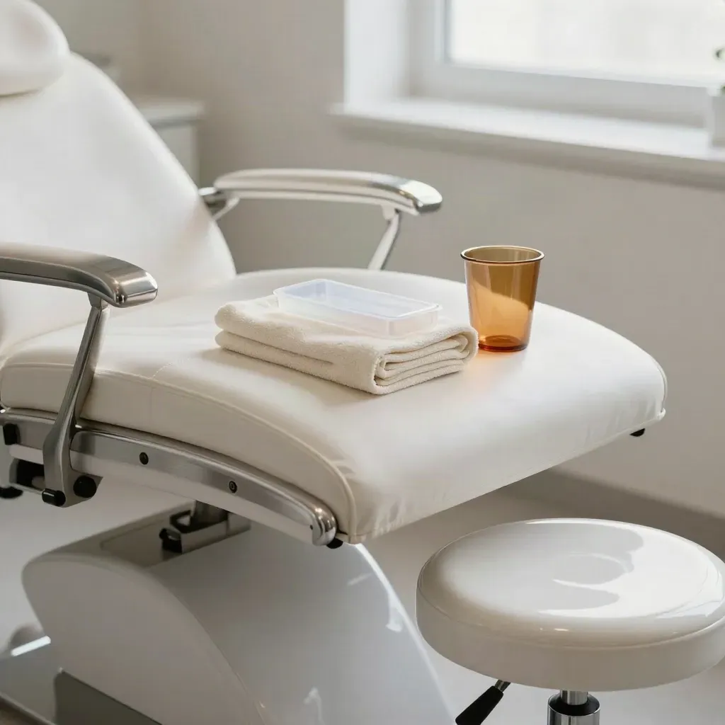 Macro of a whitening chair, towel, tray case, amber cup, and ceramic stool in a pristine room.